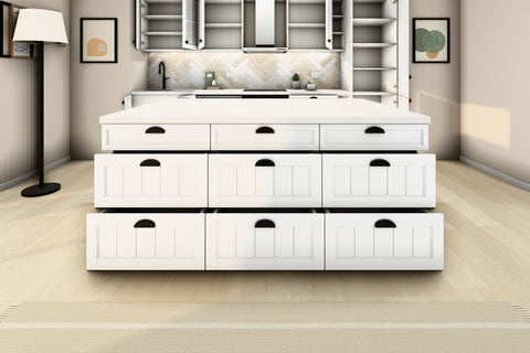 Inselküche Provence Andersen Pinie – 340 cm + Insel 180 cm – K27-G340 – Kücheninsel frontal von der Raumseite, Fronten geöffnet