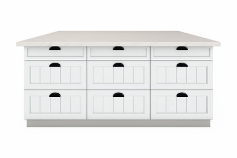 Inselküche Provence Andersen Pinie – 340 cm + Insel 180 cm – K27-G340 – Kücheninsel freigestellt, Raumseite frontal geschlossen