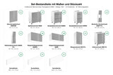 Set-Bestandteile mit Maßen und Stückzahl – Inselküche Velmora Grau Hochglanz & Weiß – 360 cm + Insel 180 cm – KÜ-VELM-020