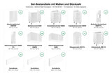 Set-Bestandteile mit Maßen und Stückzahl – Inselküche Velmora Weiß Hochglanz – 360 cm + Insel 180 cm – KÜ-VELM-021