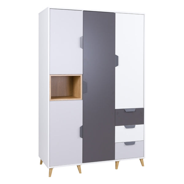 Joker Kleiderschrank 120 cm mit 4 Türen und 3 Schubladen – Weiß / Graphit / Grau / Eiche Lefkas
