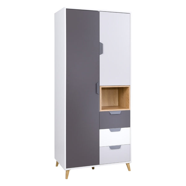 Joker Kleiderschrank 80 cm mit 2 Türen und 3 Schubladen – Weiß / Graphit / Grau / Eiche Lefkas
