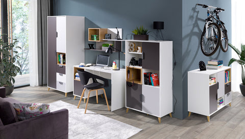 Joker Jugendzimmer-Set 5-teilig mit Kleiderschrank, Regal mit Türen (halbhoch) und Kommode im Raum – Weiß / Graphit / Grau / Eiche Lefkas