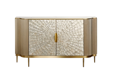 Kommode Hillora Golden brass legs and accents, Light cream front, White worktop with a marble pattern, Champagne gold 150 × 88 × 40 cm mit 2 Türen