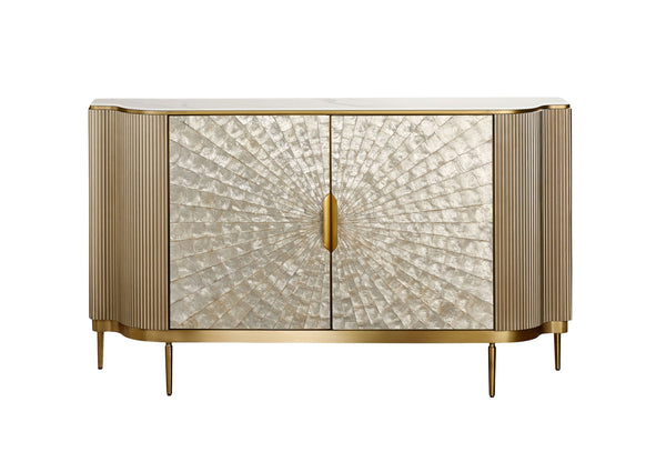 Kommode Hillora Golden brass legs and accents, Light cream front, White worktop with a marble pattern, Champagne gold 150 × 88 × 40 cm mit 2 Türen