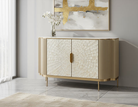 Kommode Hillora Golden brass legs and accents, Light cream front, White worktop with a marble pattern, Champagne gold 150 × 88 × 40 cm mit 2 Türen – Ansicht 5