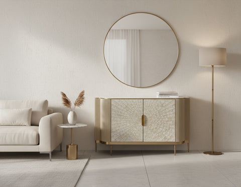 Kommode Hillora Golden brass legs and accents, Light cream front, White worktop with a marble pattern, Champagne gold 150 × 88 × 40 cm mit 2 Türen – Ansicht 6