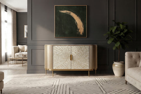 Kommode Hillora Golden brass legs and accents, Light cream front, White worktop with a marble pattern, Champagne gold 150 × 88 × 40 cm mit 2 Türen – Ansicht 8
