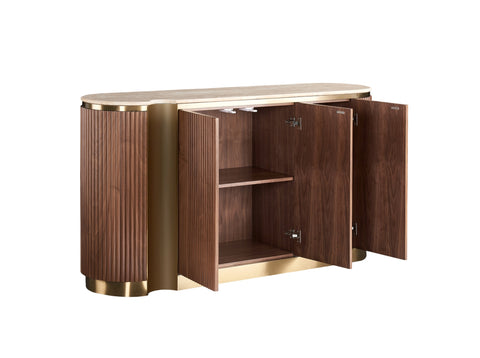 Kommode Hillora Light beige worktop, Golden lower wreath and accents, Walnut 158 × 88 × 40 cm mit 3 Türen – Ansicht 3