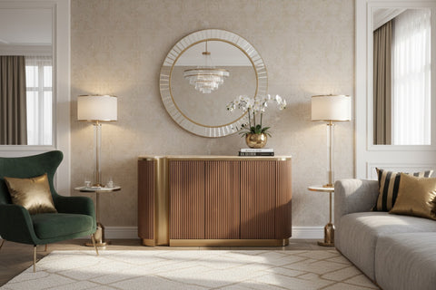 Kommode Hillora Light beige worktop, Golden lower wreath and accents, Walnut 158 × 88 × 40 cm mit 3 Türen – Ansicht 4
