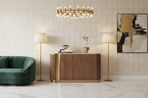 Kommode Hillora Light beige worktop, Golden lower wreath and accents, Walnut 158 × 88 × 40 cm mit 3 Türen – Ansicht 7