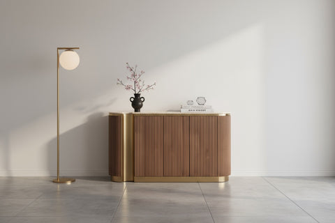 Kommode Hillora Light beige worktop, Golden lower wreath and accents, Walnut 158 × 88 × 40 cm mit 3 Türen – Ansicht 8