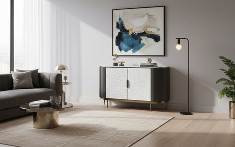 Kommode Hillora Light cream front, White marble countertop, Golden legs and accents, Dark graphite 150 × 88 × 40 cm mit 2 Türen – Ansicht 7