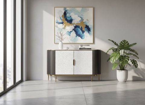 Kommode Hillora Light cream front, White marble countertop, Golden legs and accents, Dark graphite 150 × 88 × 40 cm mit 2 Türen – Ansicht 8