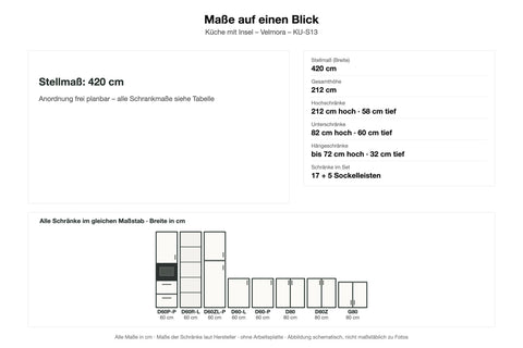 Maße Küche mit Insel Velmora KU-S13: Stellmaß 420 cm