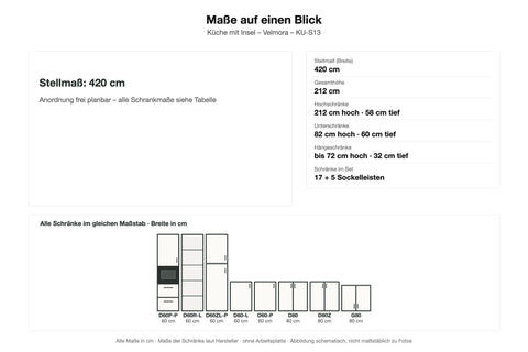 Maße Küche mit Insel Velmora KU-S13: Stellmaß 420 cm – Farbe Weiß / Grau