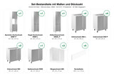 Set-Bestandteile Küche mit Insel Velmora KU-S13: 17 Schränke + 5 Sockelleisten mit Maßen – Farbe Grau / Weiß