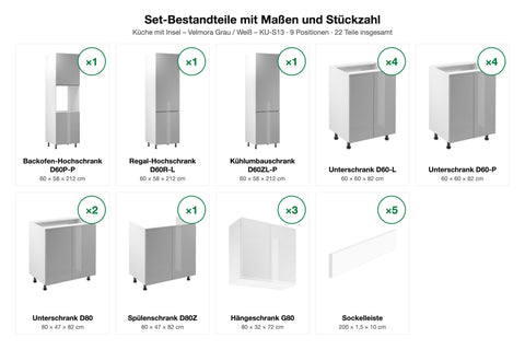 Set-Bestandteile Küche mit Insel Velmora KU-S13: 17 Schränke + 5 Sockelleisten mit Maßen – Farbe Grau / Weiß