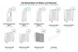 Set-Bestandteile Küche mit Insel Velmora KU-S13: 17 Schränke + 5 Sockelleisten mit Maßen – Farbe Weiß / Grau