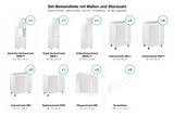 Set-Bestandteile Küche mit Insel Velmora KU-S13: 17 Schränke + 5 Sockelleisten mit Maßen – Farbe Weiß