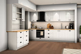 Küche Provence Andersen Kiefer K3-G260 mit Herdumbauschrank und Geschirrspülerfront – zwei Küchenzeilen in Wandnischen mit Deckenkoffer und Downlights