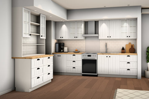 Küche Provence Andersen Kiefer K3-G260 Standard – zwei Küchenzeilen in Wandnischen, 60 cm Platz für Standherd (Herd nur Darstellung)