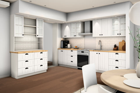 Küche Provence K3-G260 Standard – Ansicht von rechts, Durchgang zwischen den beiden Zeilen