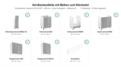Küchenblock Velmora KÜ-AS-007 – 260 cm – Grau Hochglanz – Moderne Küchenzeile ohne Arbeitsplatte – Maßbild (Set-Bestandteile mit Maßen und Stückzahl)