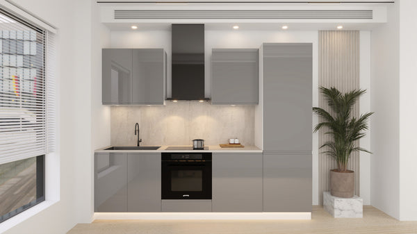 Küchenblock Velmora KÜ-AS-007 – 260 cm – Grau Hochglanz – Moderne Küchenzeile ohne Arbeitsplatte