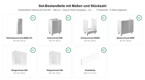 Küchenblock Velmora KÜ-AS-007 – 260 cm – Grau & Weiß Hochglanz – ohne Arbeitsplatte – Maßbild (Set-Bestandteile mit Maßen und Stückzahl)