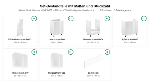 Küchenblock Velmora KÜ-AS-007 – 260 cm – Weiß Hochglanz – Moderne Küchenzeile ohne Arbeitsplatte – Maßbild (Set-Bestandteile mit Maßen und Stückzahl)