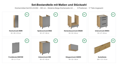 Küchenmöbel-Set KÜ-LN-002 – 360 cm – Moderne Beige Küchenzeile mit optimalem Stauraum – Maßbild (Set-Bestandteile mit Maßen und Stückzahl)