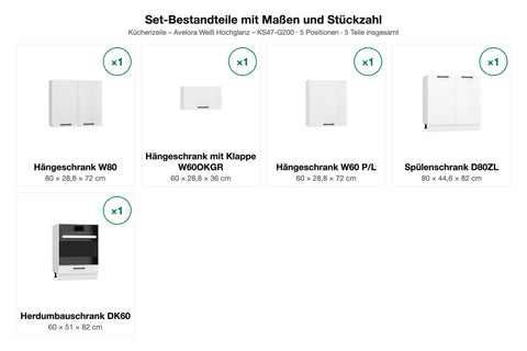 Set-Bestandteile Küchenzeile Avelora KS47-G200: 5 Schränke mit Maßen – Farbe Weiß Hochglanz