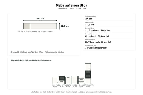 Maße Küchenzeile Bonira KS44-G300: Stellmaß 300 cm