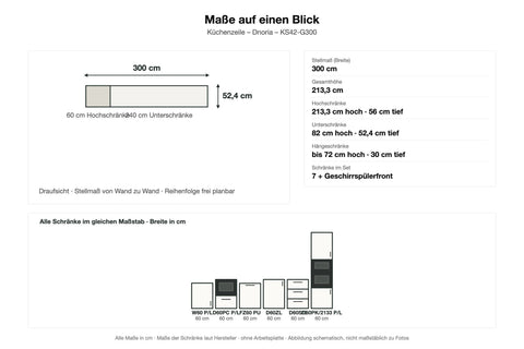 Maße Küchenzeile Dnoria KS42-G300: Stellmaß 300 cm – Farbe Beige Matt