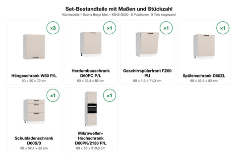 Set-Bestandteile Küchenzeile Dnoria KS42-G300: 7 Schränke + Geschirrspülerfront mit Maßen – Farbe Beige Matt