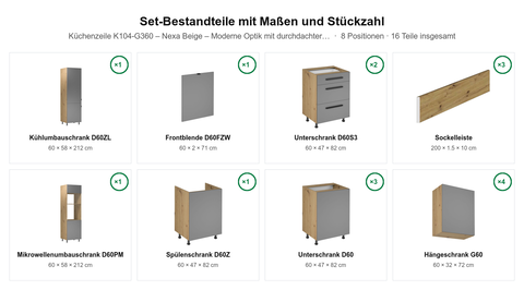 Küchenzeile K104-G360 – Nexa Beige – Moderne Optik mit durchdachter Funktion – Maßbild (Set-Bestandteile mit Maßen und Stückzahl)