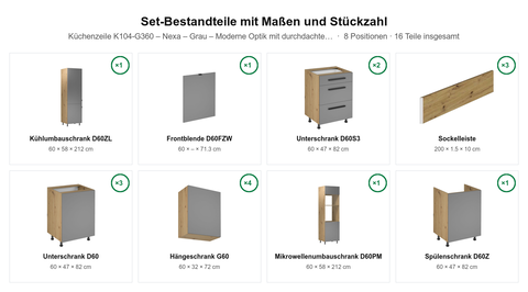 Küchenzeile K104-G360 – Nexa – Grau – Moderne Optik mit durchdachter Funktion – Maßbild (Set-Bestandteile mit Maßen und Stückzahl)