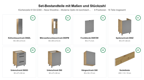 Küchenzeile K104-G360 – Nexa Woodline – Moderne Optik mit durchdachter Funktion – Maßbild (Set-Bestandteile mit Maßen und Stückzahl)