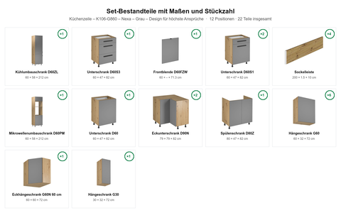Küchenzeile – K106-G860 – Nexa – Grau – Design für höchste Ansprüche – Maßbild (Set-Bestandteile mit Maßen und Stückzahl)