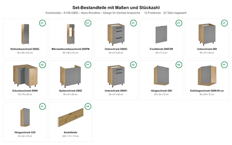 Küchenzeile – K106-G860 – Nexa Woodline – Design für höchste Ansprüche – Maßbild (Set-Bestandteile mit Maßen und Stückzahl)