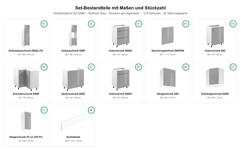Küchenzeile K107-G860 – Velmora Grau – Rundum gut organisiert – Maßbild (Set-Bestandteile mit Maßen und Stückzahl)