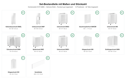 Küchenzeile K107-G860 – Velmora Weiß – Rundum gut organisiert – Maßbild (Set-Bestandteile mit Maßen und Stückzahl)