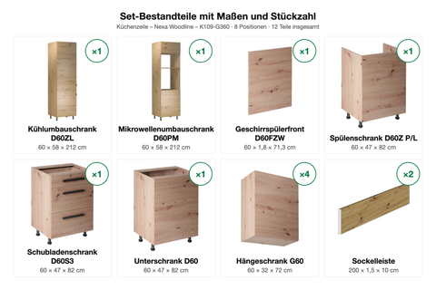Set-Bestandteile mit Maßen und Stückzahl – Küchenzeile Nexa Woodline – 360 cm – K109-G360