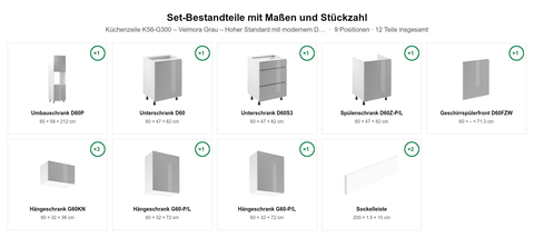Küchenzeile K56-G300 – Velmora Grau – Hoher Standard mit modernem Design – Maßbild (Set-Bestandteile mit Maßen und Stückzahl)