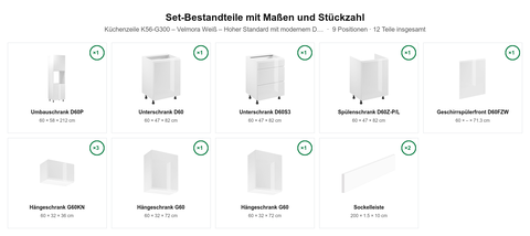 Küchenzeile K56-G300 – Velmora Weiß – Hoher Standard mit modernem Design – Maßbild (Set-Bestandteile mit Maßen und Stückzahl)
