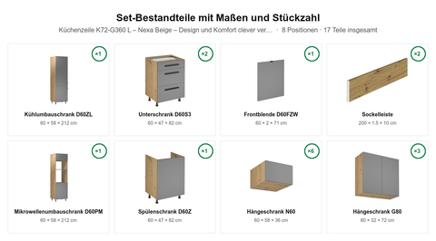 Küchenzeile K72-G360 L – Nexa Beige – Design und Komfort clever vereint – Maßbild (Set-Bestandteile mit Maßen und Stückzahl)