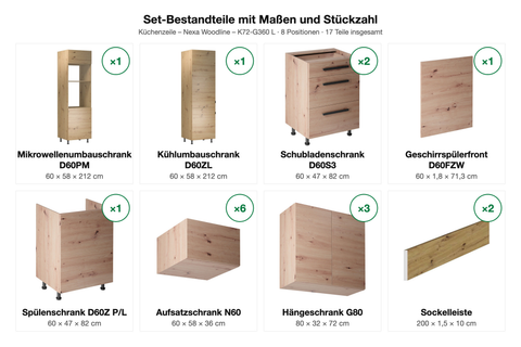 Set-Bestandteile mit Maßen und Stückzahl – Küchenzeile – Nexa Woodline – K72-G360 L