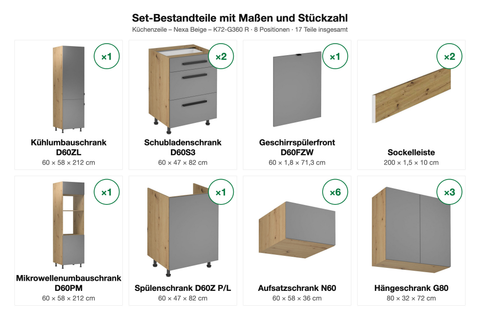 Set-Bestandteile mit Maßen und Stückzahl – Küchenzeile – Nexa Beige – K72-G360 R
