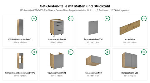 Küchenzeile K72-G360 R – Nexa – Grau – Nexa Beige Materialien für hohe Belastbarkeit – Maßbild (Set-Bestandteile mit Maßen und Stückzahl)